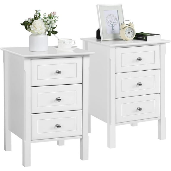 RONG-3 Nightstand with 3 Drawers, Wooden 3-Drawer Bedside Table with Solid Wood Legs, Bedside Cupboard Storage Organizer for Bedroom Home Office Small Space, Easy Assembly,White,2 Pieces
