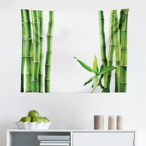 Asian Tapestry, Bamboo Stalks Reflection on Water Blurs Freshness Japanese Nature Spa, Fabric Wall Hanging Decor for Bedroom Living Room Dorm, 2 Sizes, Green Pale Yellow, by Ambesonne