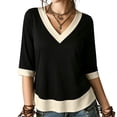 thumbnail image 2 of Warop Women's Summer Color Block V Neck 3/4 Sleeve Top Contrast Cuff Hem Casual Loose Tee Blouse for Daily Outing, 2 of 9
