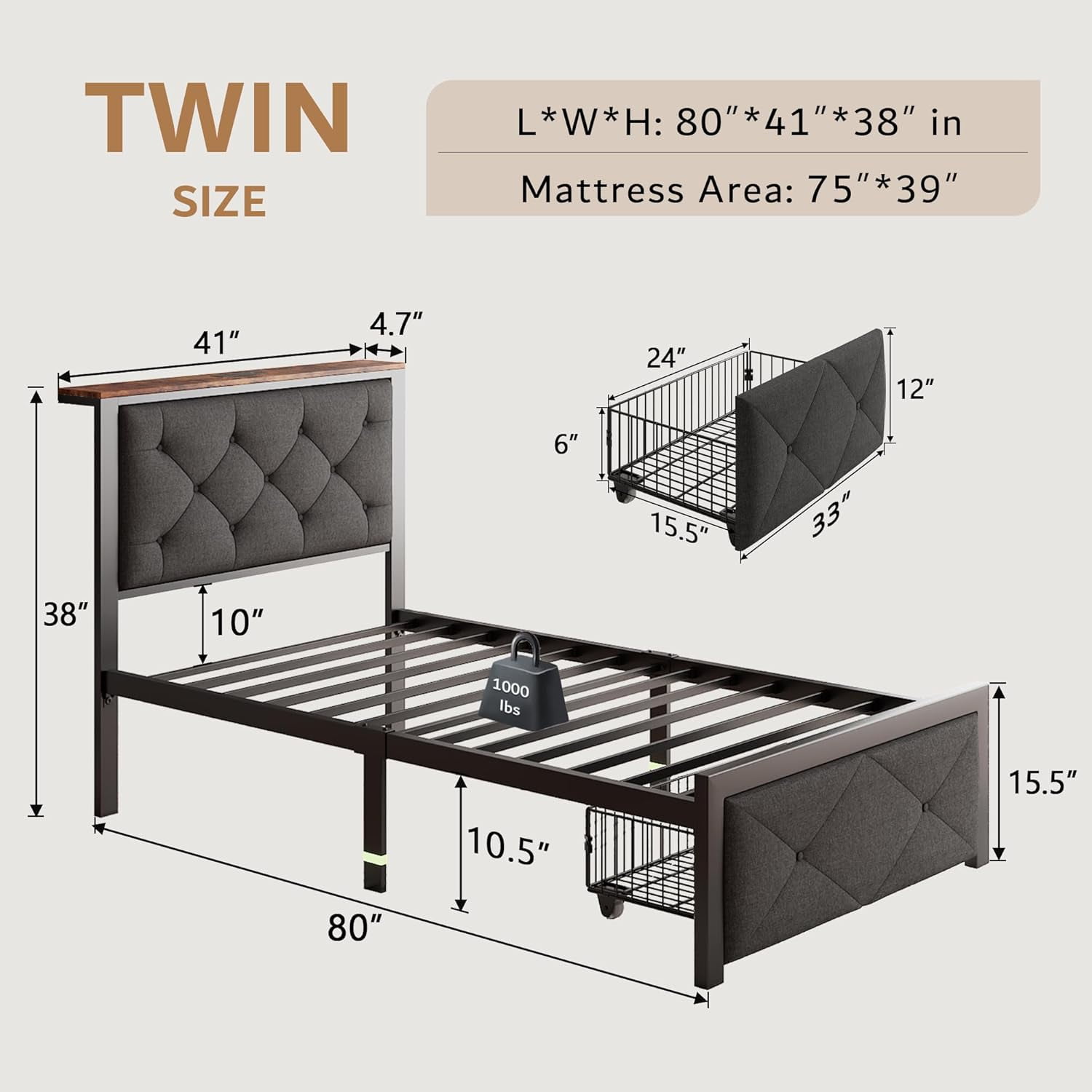 iPormis Twin Bed Frame with Storage Drawers, Linen Upholstered Headboard Platform Bed with Charging Station, No Box Spring Needed, Metal Slats Support, Noise-Free, Easy Assembly, Grey