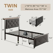 iPormis Twin Bed Frame with Storage Drawers, Linen Upholstered Headboard Platform Bed with Charging Station, No Box Spring Needed, Metal Slats Support, Noise-Free, Easy Assembly, Grey