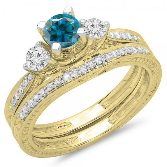 Dazzlingrock Collection 1.00 Carat (ctw) 14K Blue & White Diamond 3 Stone Bridal Engagement Ring Set 1 CT, Yellow Gold, Size 8