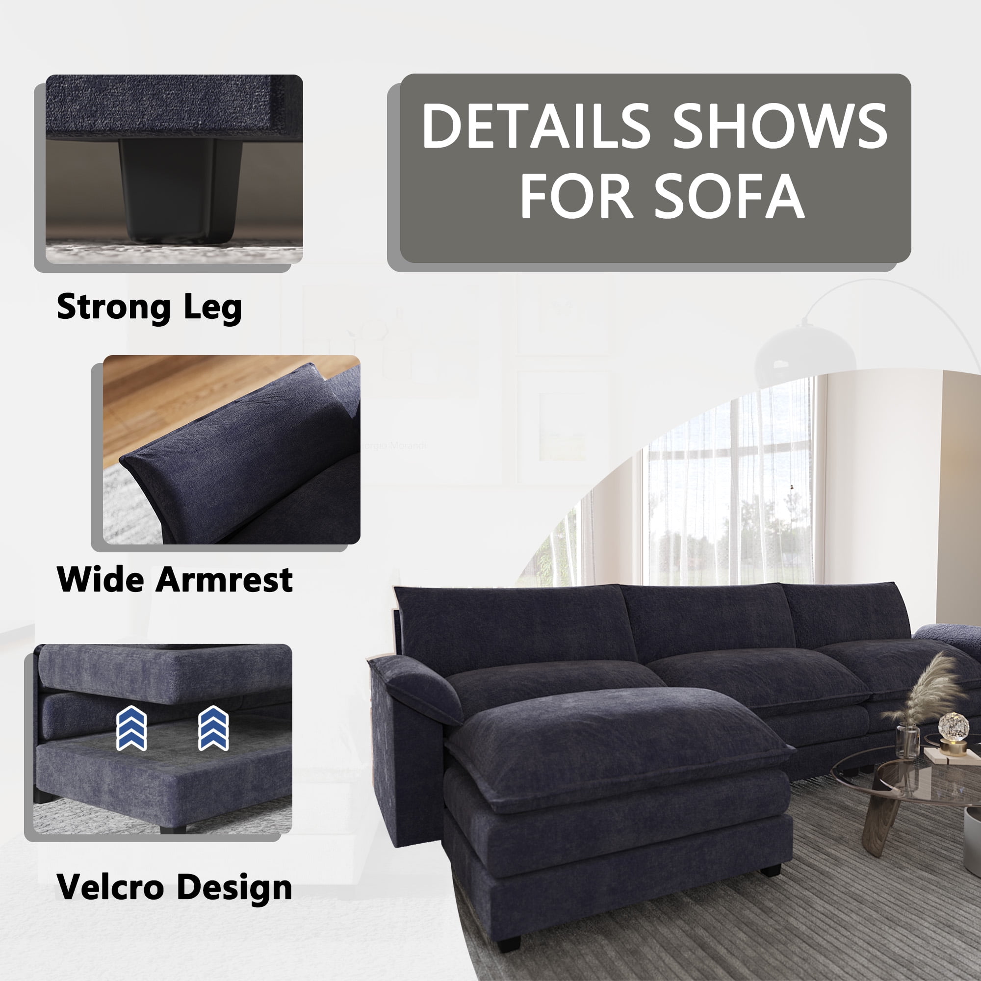 Furmax 3-Seat Sectional Sofa with Ottoman, Blue