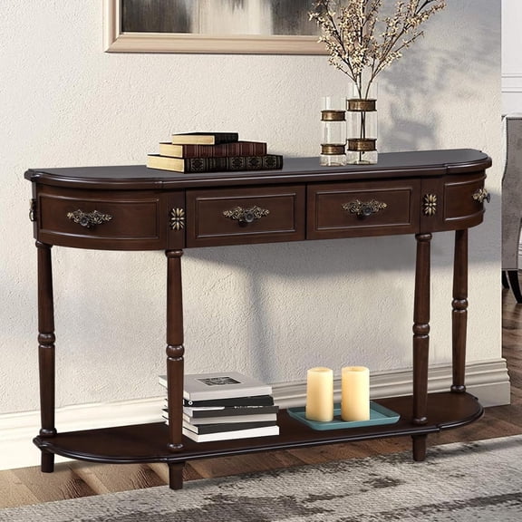 YWEN Retro Curved Console Table, 52" Half Moon Console Table Sofa Table Entryway Table with 2 Drawers 1 Open Shelf Solid Pine Legs for Living Room,Entryway,Hallway