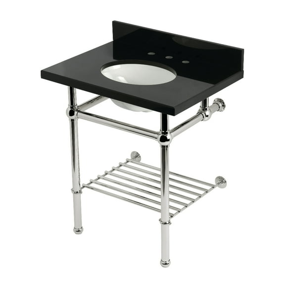 Kingston Brass KVPK30KBB6 Templeton 30-Inch Black Granite Console Sink with Brass Legs and Shelf (8-Inch, 3-Hole) in Black Granite/Polished Nickel