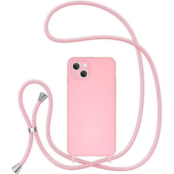Crossbody Lanyard Phone case for iPhone 13 6.1 inch, Silicone Phone Cover with Adjustable Necklace Strap Soft Belt Neck Cord Lanyard Shockproof Protective Case - Pink