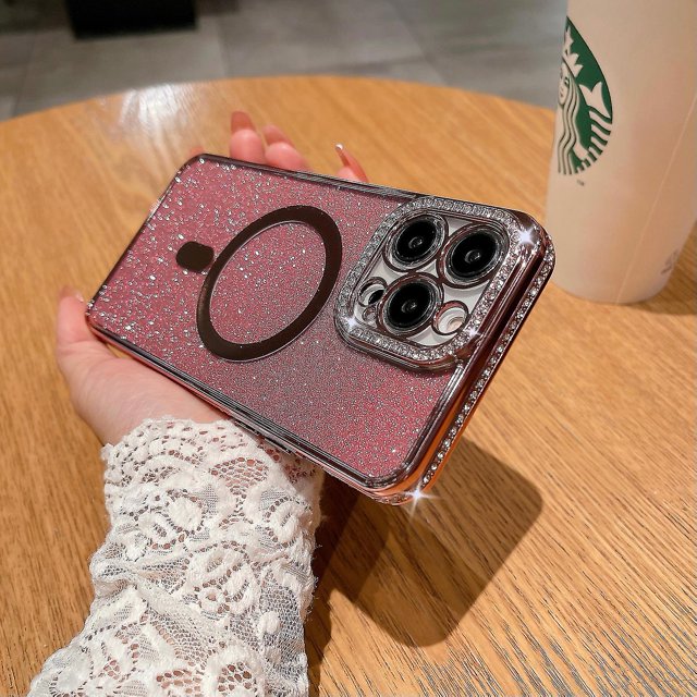 Exquisita funda con purpurina y diamantes de imitación para iPhone 14 Pro, compatible con carga magnética, antideslizante, a prueba de golpes, protección para cámara y antiarañazos.