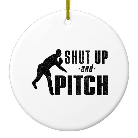 DistinctInk Hanging Ceramic Christmass Tree Ornament with Gold String - Great Gift / Present - 2 3/4 inch diameter - Shut Up & Pitch Baseball