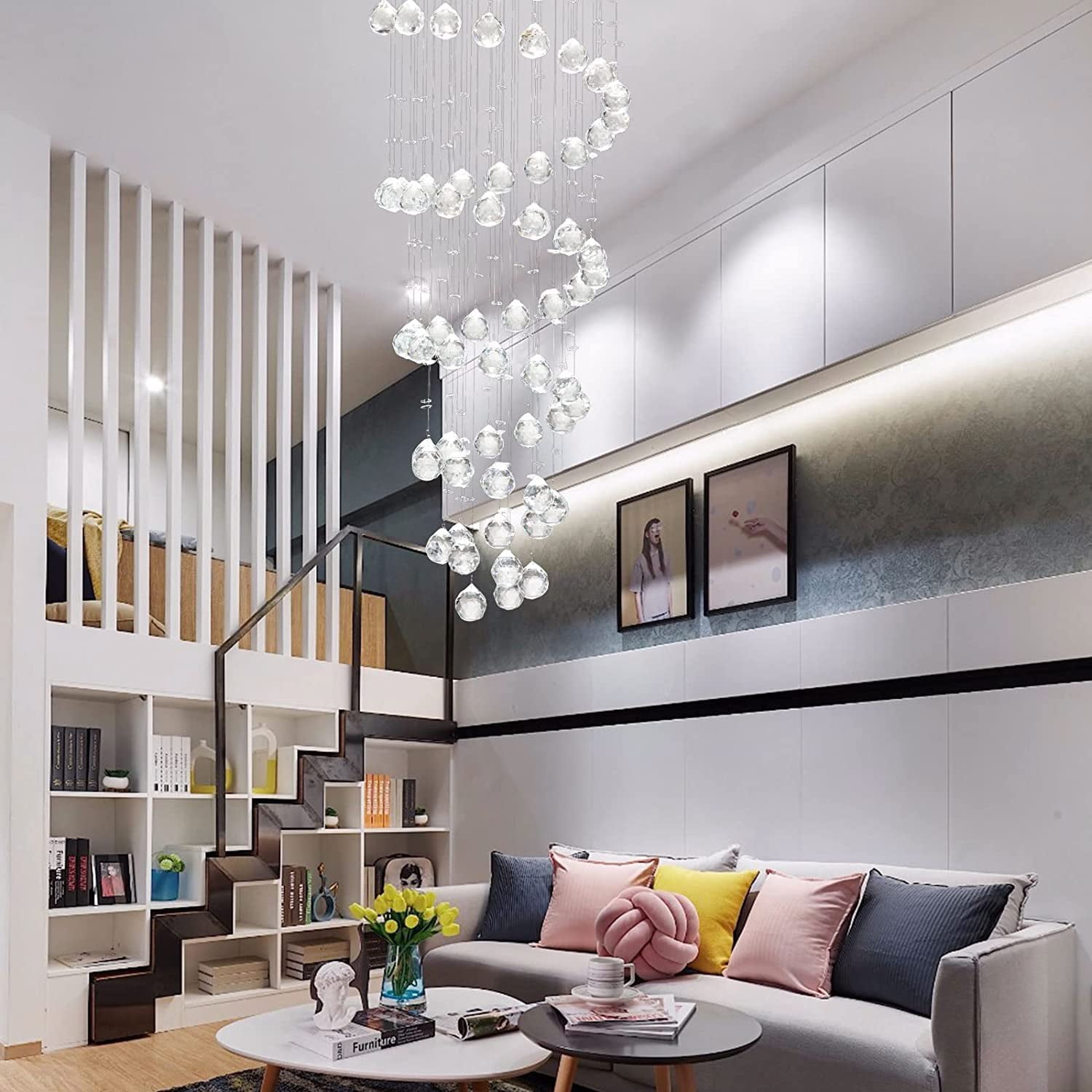 FETCOI Modern K9 Crystal Spiral Raindrop Chandelier - Flush Mount LED Ceiling Light Fixture Pendant Lamp for Dining Room Bathroom Bedroom Livingroom