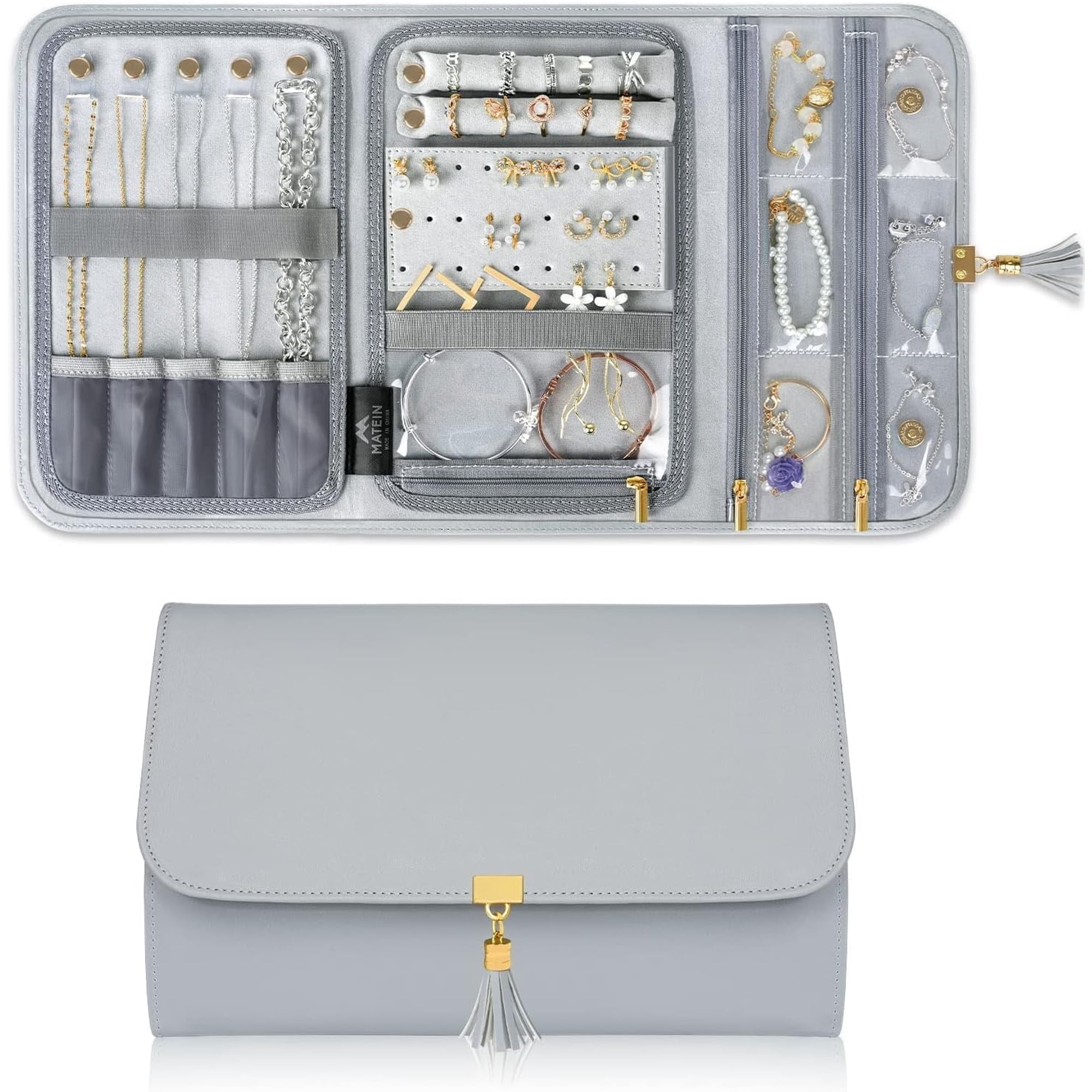 Jewelry Travel Organizer for Women, Tangle Free Portable Leather Jewelry Storage Roll Bag Envelope Clutch, Waterproof Lightweight Jewelry Case Holder for Necklaces