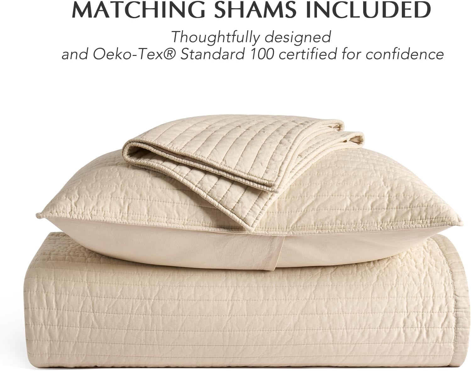 EVERGRACE Cotton Sateen Quilt Set Queen Size, Pre-Washed Cotton Channel Stitch Coverlet Bedspread, 3 Pieces Lightweight Soft Bedding Sets for All Season, with 2 Pillow Shams, Light Sand