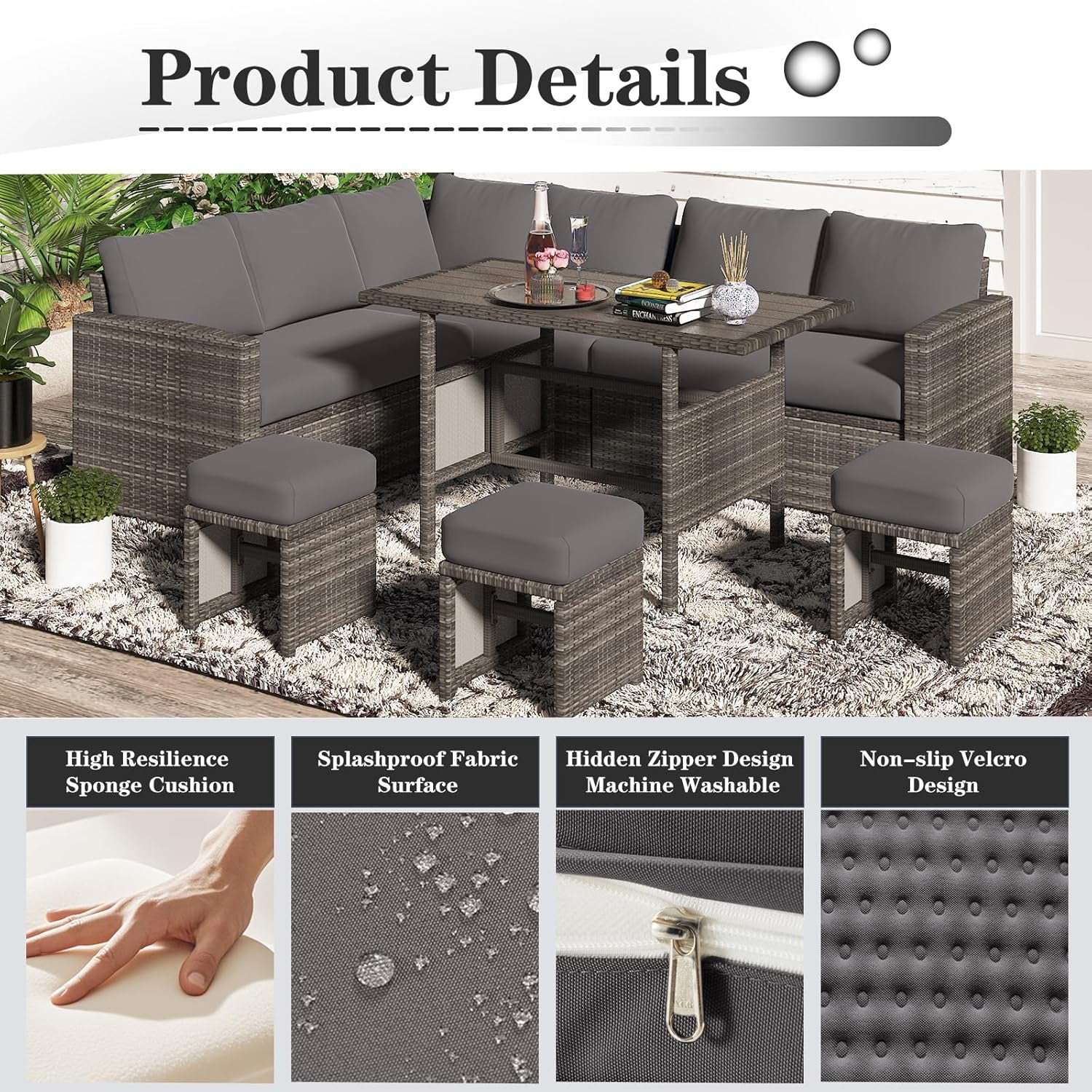 YODOLLA Outdoor Cushions, 4 inch Patio Cushions for Outdoor Furniture, Replacement Cushions Fits 7-Seats Sectional Rattan Conversation Set, Splashproof, Memory Foam Cushions and Covers (Dark Grey)