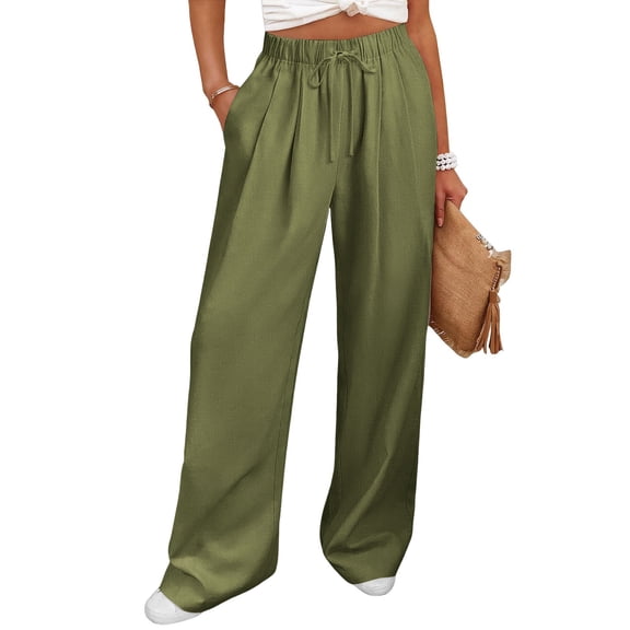 Mifsaly Wide Leg Linen Pants for Women High Waisted Drawstring Lounge Trousers with Pockets Beach Vacation Everyday Flowy Summer Casual Pant XXL