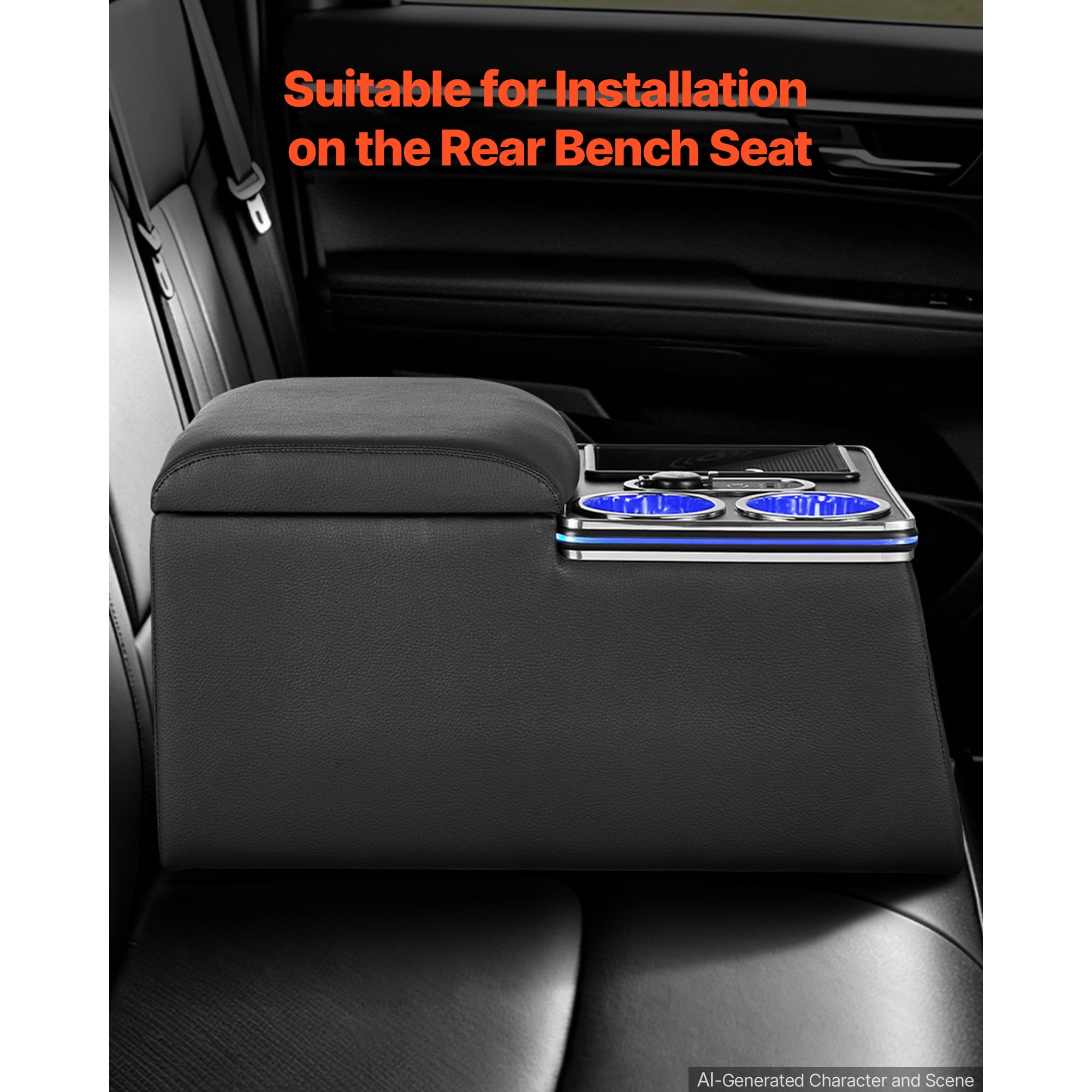 KFFKFF Universal Rear Bench Seat Center Console with Multi-Color Ambient Lighting, Wireless/USB/Cigarette Lighter Charging, Back Seat Organizer with Cup and Phone Holders for MPV, Sedan, SUV