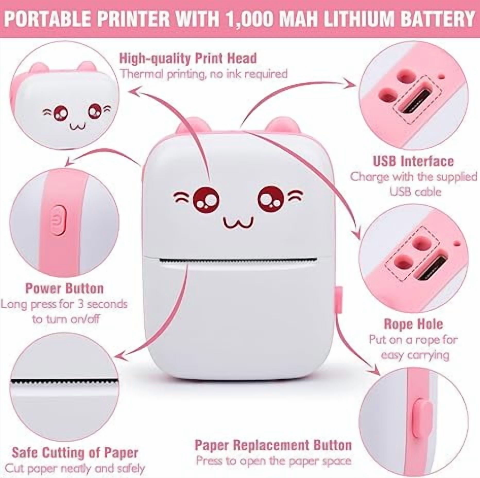 Mini Photo Pocket Printer Portable Ink-Free Thermal 57mm Sticker Trans Paper Wireless BT 200dpi Android IOS Printing Machine Back To School（Color Pink Printer With 5Rolls White Sticker）