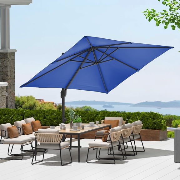 Heavy Duty 10x10ft Square Cantilever Patio Umbrella Aluminum Frame Windproof Adjustable Tilt Solar LED Cross Base Outdoor Sunshade for Garden Deck Pool Backyard