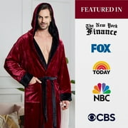 Lotus Linen Plush Hooded Robe for Men - Soft Fleece Bathrobe, Burgundy Black M/L