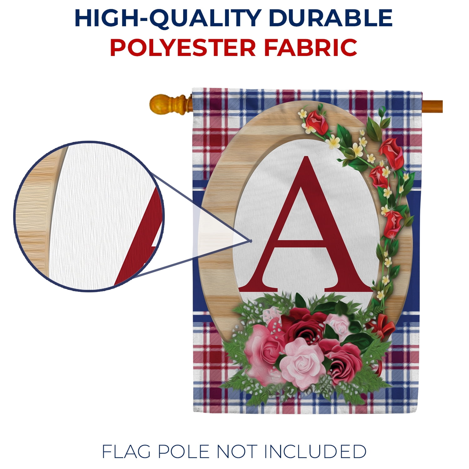 America Forever Monogram A House Flag, 28 x 40 inch Double Sided, Letter A with Roses, Floral Initial Flag, Plaid Background, Personalized Yard Decor