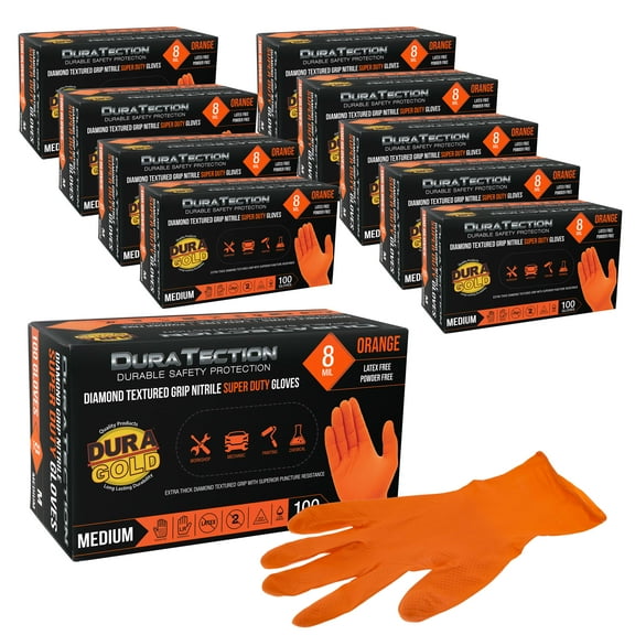 Dura-Gold Duratection 8 Mil Orange Super Duty Diamond Textured Nitrile Disposable Gloves, 10 Boxes of 100, Medium - Latex Free, Powder Free, Food Safe, Safety Protection Work Gloves, Industrial
