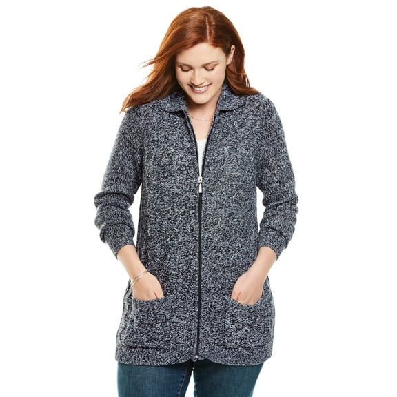 Woman Within Plus Size Marled Zip-Front Cable Knit Cardigan Sweater