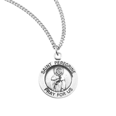 Sterling Silver Patron Saint St.Peregrine Medal Pendant Necklace in 18 Inch Rhodium Plated Stainless Steel Chain, Deluxe Velvet Gift Box - Made in USA