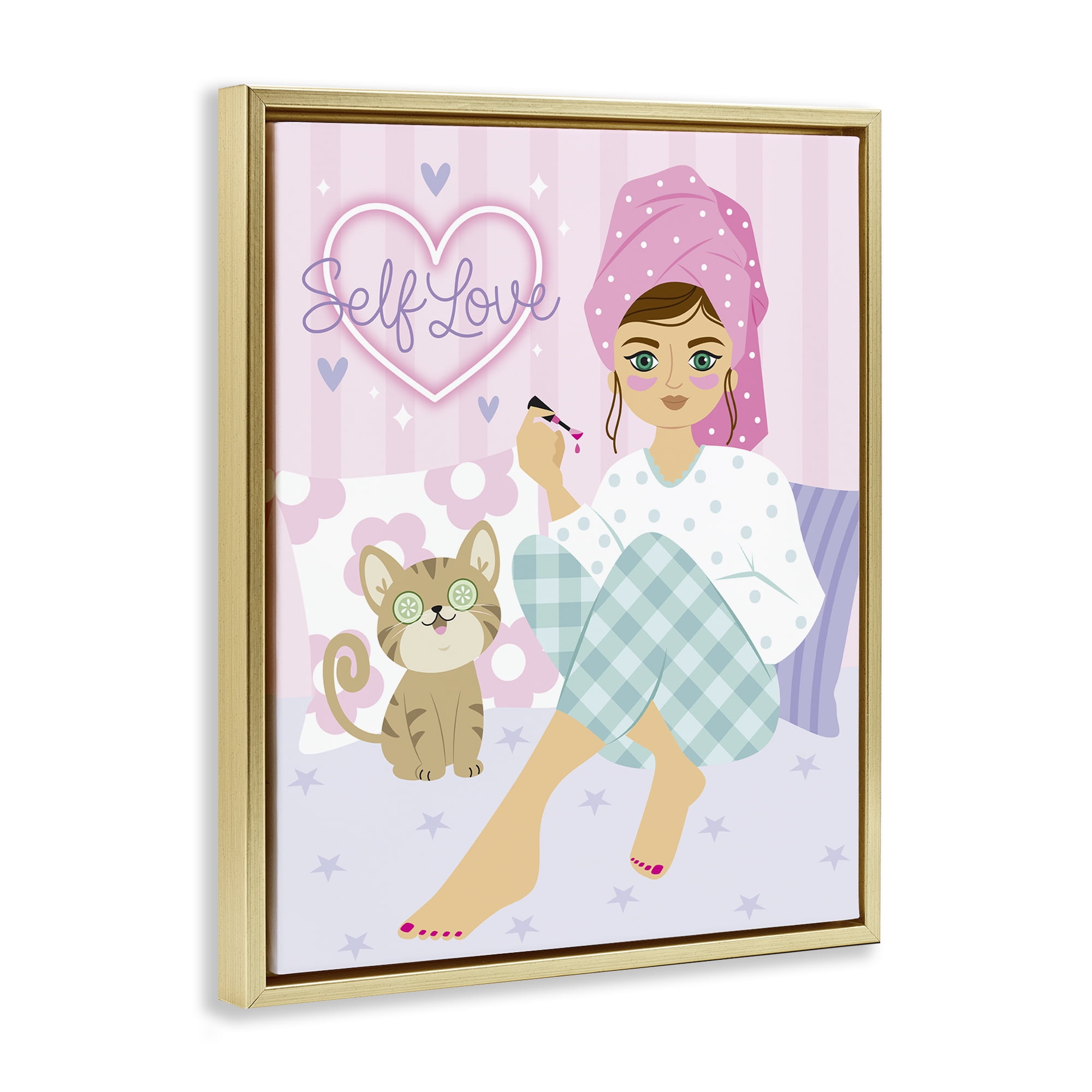 Stupell Industries Self Love Girl & Cat People Painting Gold Floater Framed Canvas Art Print Wall Art, 17 x 21