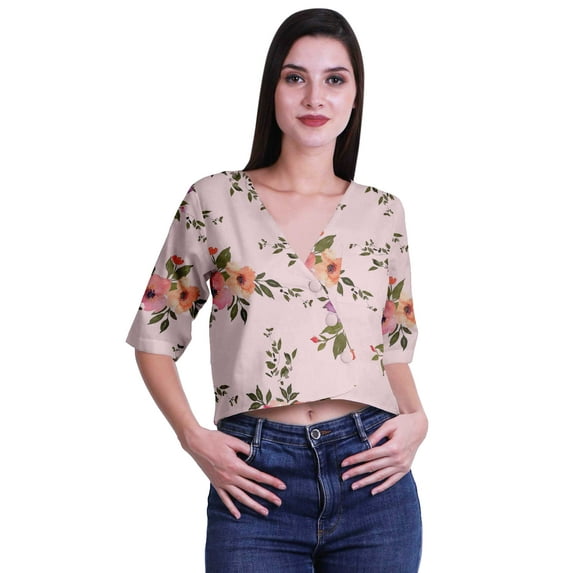 Moomaya Printed Cotton Top For Womens V-neck Crop Top Elbow Sleeve Summer Blouse T-shirt