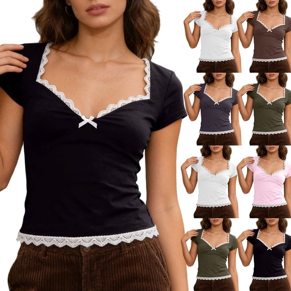Diufon Womens Crop Tops Short Sleeve Lace Trim Elegant V Neck Shirts Summer Fashion Slim Going Out Blouse