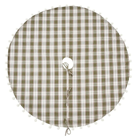 Fennco Styles Plaid Pom Pom Design 100% Pure Cotton Christmas Tree Skirt - Green 53" Round Holiday Tree Skirt for Home, Christmas Tree, Indoor Outdoor Decoration and Special Events