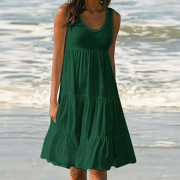 ICHUANYI Clearance Womens Fashion Holiday Summer Solid Color Sleeveless Party Beach Dress(Army Green, M) ICHUANYI WER2023080808041