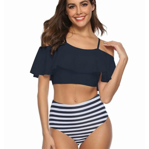 Home Cal Women Off Shoulder Swimsuit Ruffle Top With Stripe Two Piece Bathing Suit Set High Waisted Flounce Bikini Set,Black,Tag L/US M