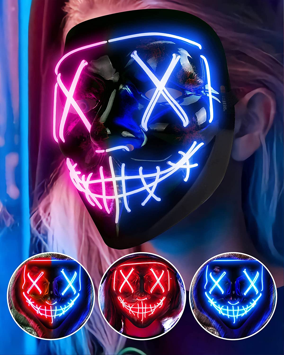 Light up Mask LED Mask, Scary Halloween Mask, Glow Neon Mask Costume