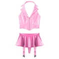 thumbnail image 3 of Eandarui Women's Sexy Wet Look Leather Lingerie Outfits Halter Lapel Crop Vest Top with Miniskirts Pink 4XL, 3 of 6