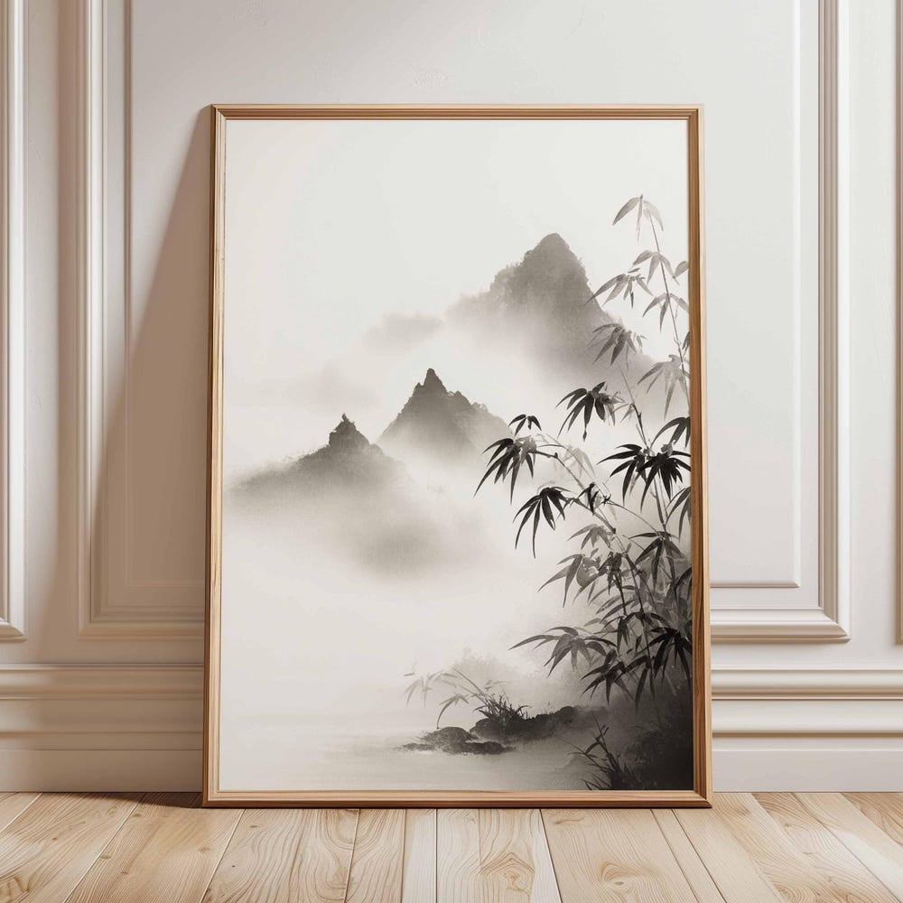 Japanese Mountain Mist Poster Zen Landscape Art Print Black and White Wall Art Minimalist Nature Decor Traditional Ink Wash Painting