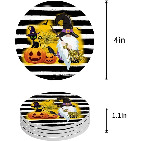 FMSHPON Happy Halloween Dwarf and Pumpkin and Cat Black Stripe Set of 4 Round Coaster for Drinks, Absorbent Ceramic Stone Coasters Cup Mat with Cork Base for Home Kitchen Room Coffee Table Bar Decor