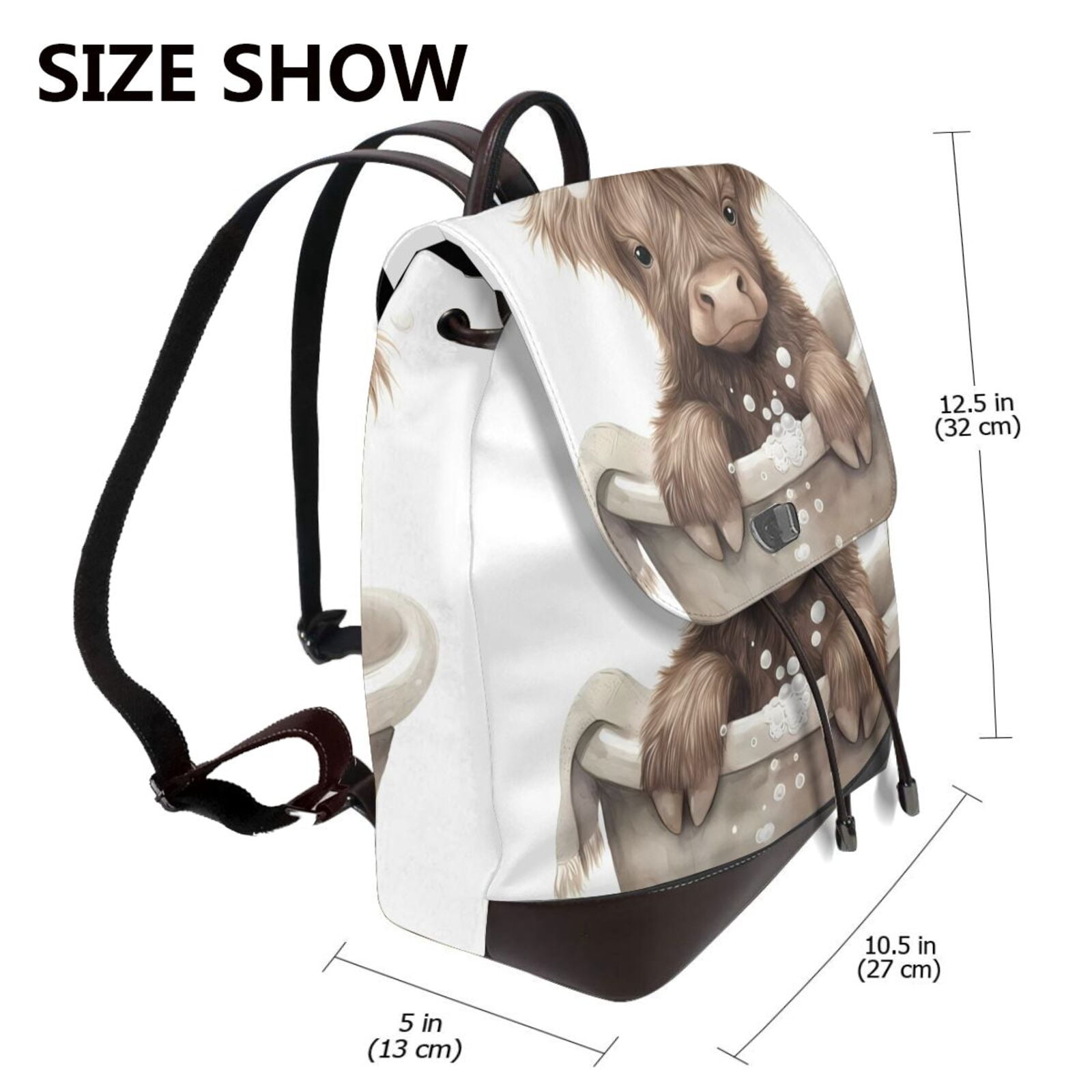 Xecao Cute Cow Bath Print Large Backpack Soft Leather for Women Travel with Compartment, Adjustable Convertible Strap