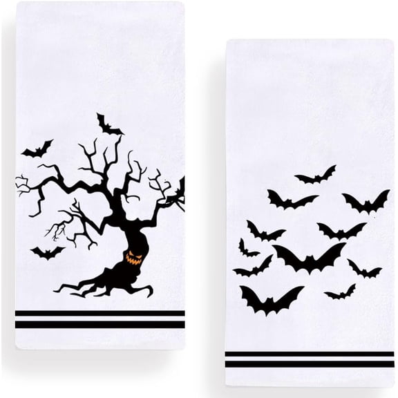 Halloween Bat Tree Stripe Kitchen Towels Dish Towels, 18x26 Inch Bat Spooky Decoration Hand Towels Set of 2