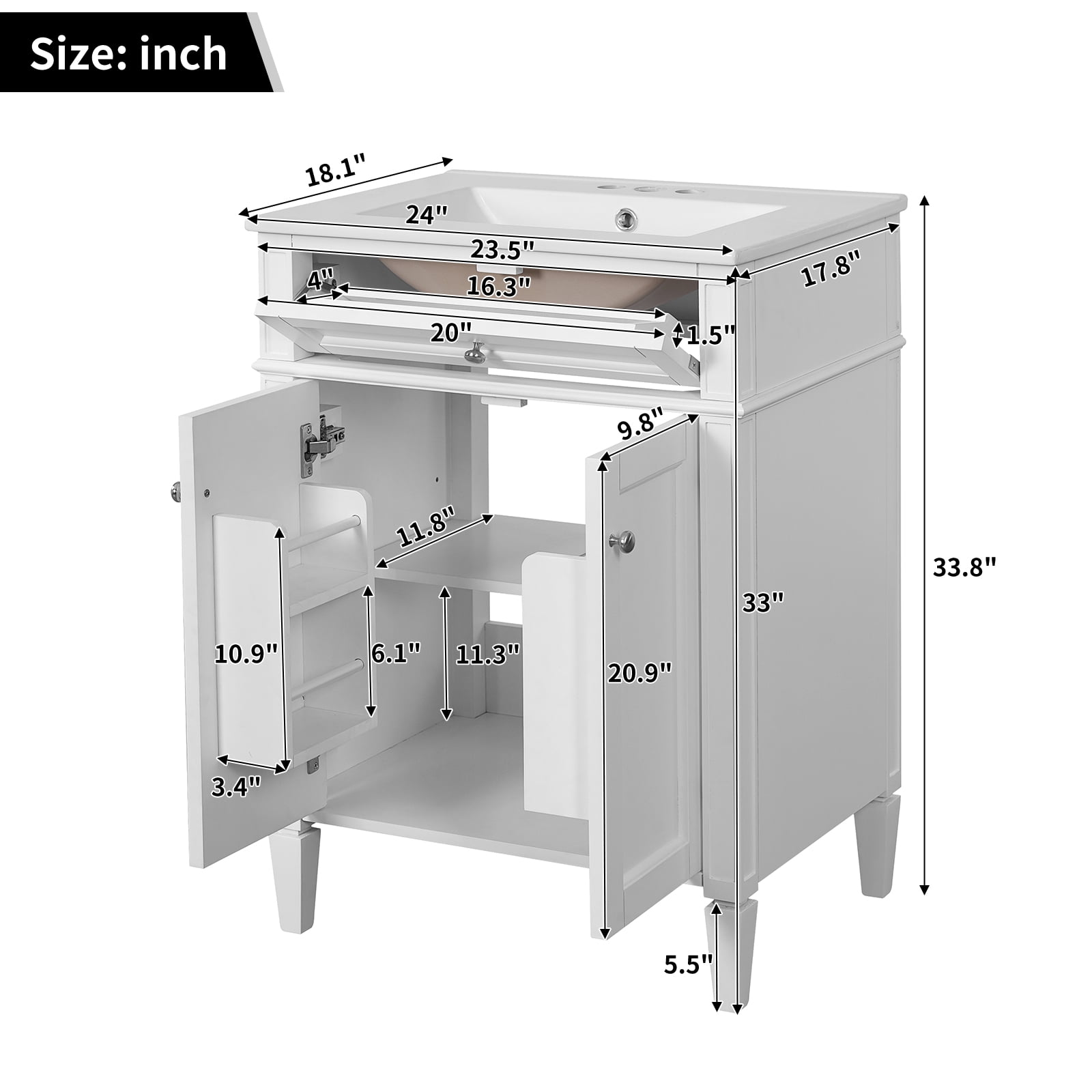 Euroco 24" Bathroom Vanity with 2 Doors and Tip-Out Drawer, Bathroom Storage Cabinet with Sink, Soft-Closing Doors with Organizers