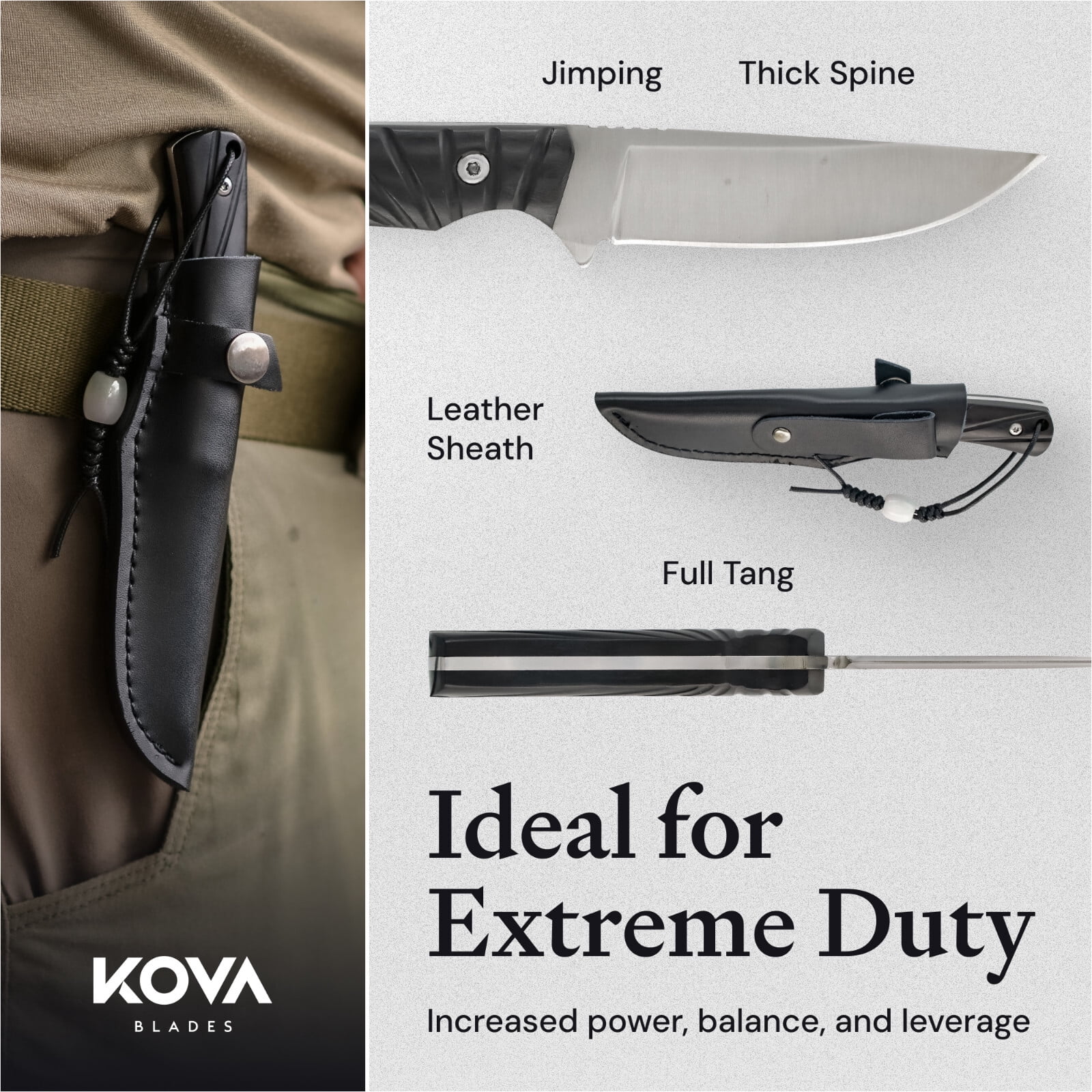 Kova Nomad Fixed-Blade Knife – 3″ Drop-Point High-Carbon Stainless Steel, Full-Tang, G10 Handle, Leather Sheath – 7.25″ Overall – 3.6 oz