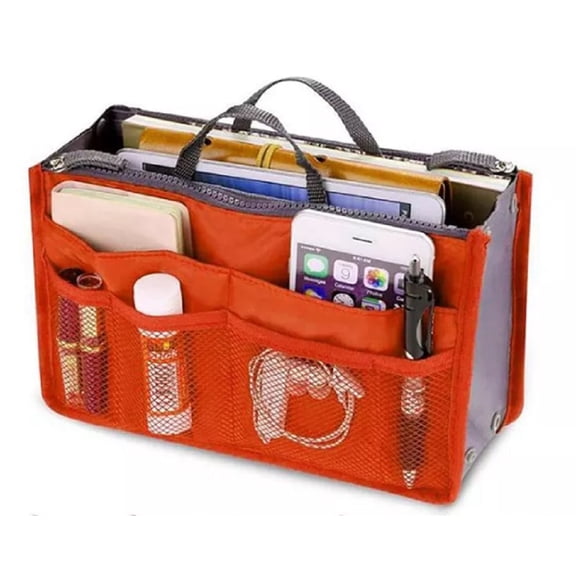 1-Pack Purse Organizer Insert with Zipper Handles, 13-Pocket Multi-Compartment Handbag Tote Liner, Compact Travel Bag-in-Bag for Women Orange TIKA