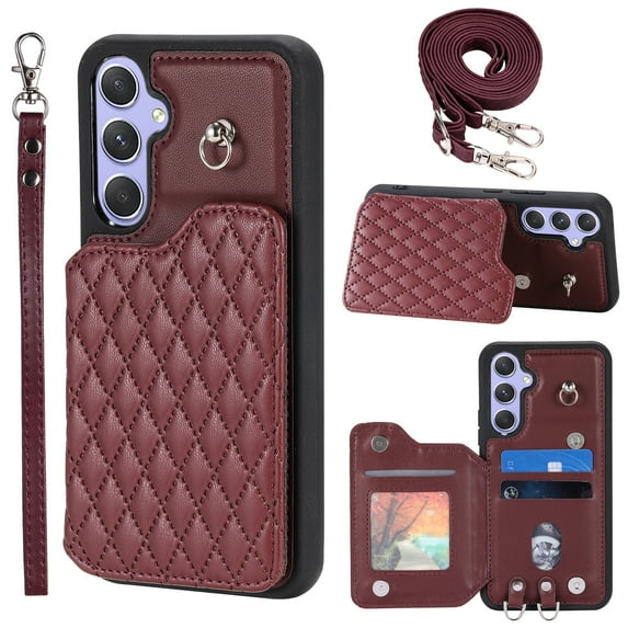 Compatible with Samsung Galaxy A54 5G Wallet Case, PU Leather with Card Holder Kickstand Removable Shoulder Strap & Lanyard Case Protective Back Case Cover for Samsung Galaxy A54 5G, Winered