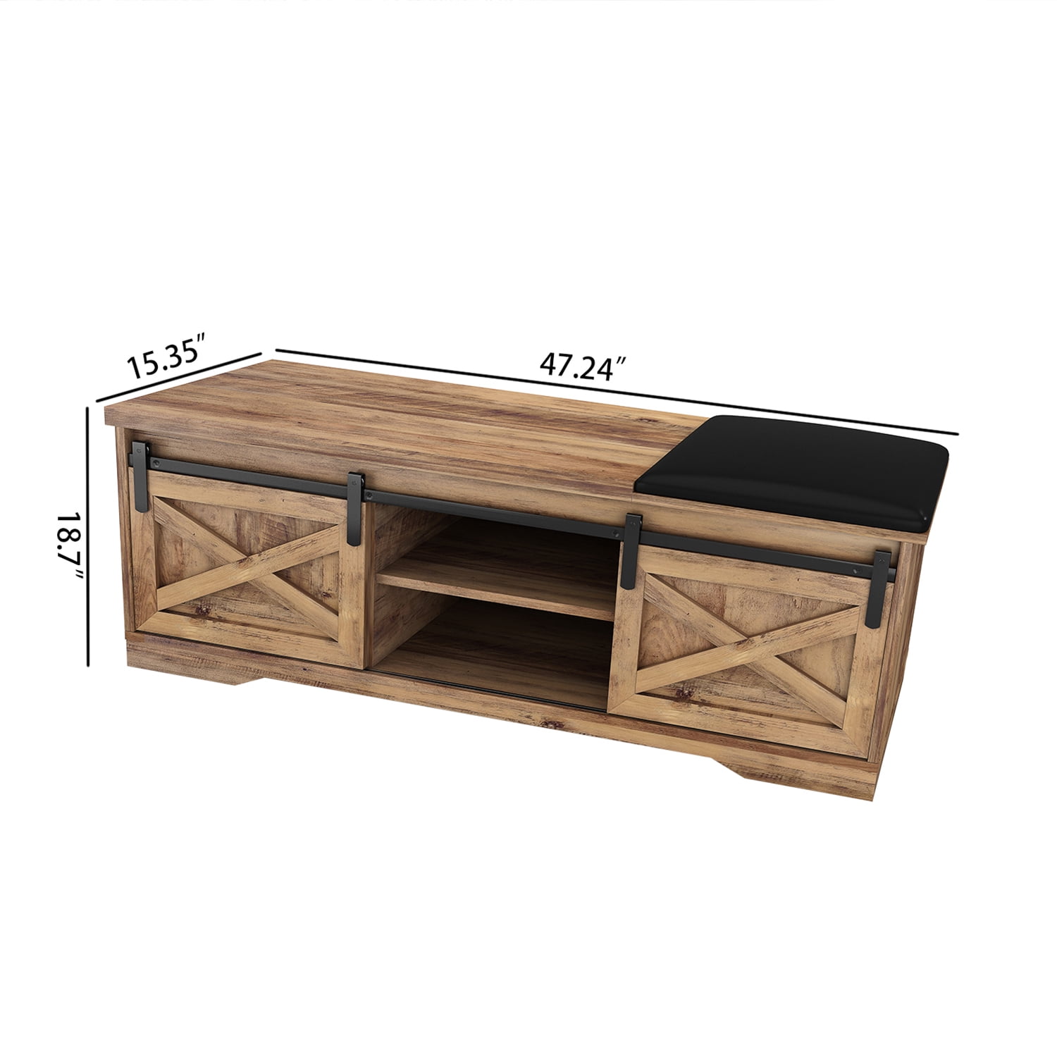 Kadyn 47 Inch Modern Farmhouse Sliding X Barn Door Litterbox Bench, Particle Board Shoe Bench with Entry Cutout, Light Brown Bench for Entryway Bedroom Kadyn 47 Inch Modern Farmhouse Sliding X Barn Door Litterbox Bench, Particle Board Shoe Bench with Entry Cutout, Light Brown Bench for Entryway Bedroom