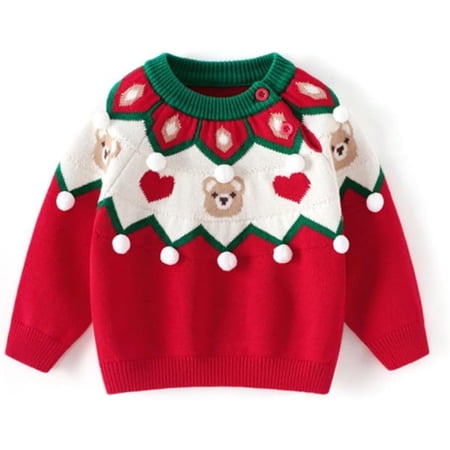 Drtj Boy Girl Red Pullover Bear Crew Neck Long Sleeve Knit Pullover Warm Autumn Winter Sweater Christmas Tops Sized 7-8Y