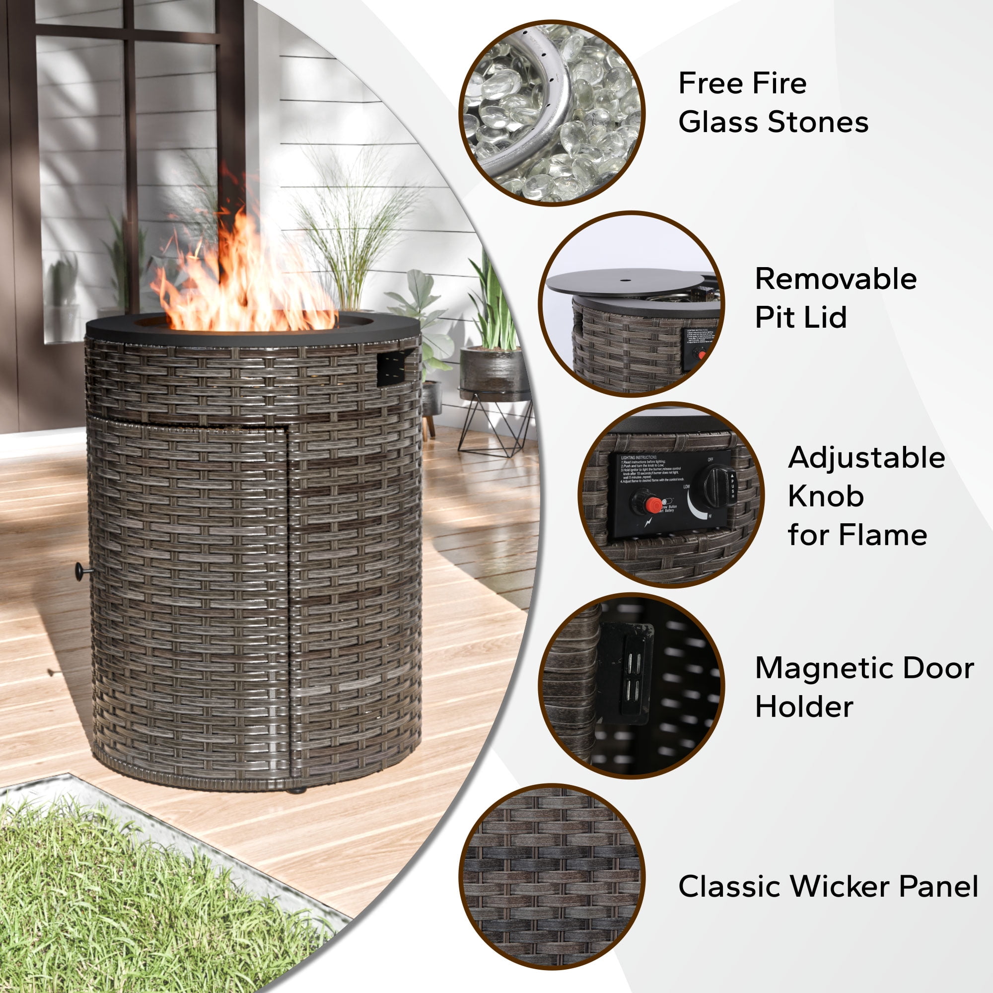 MeetLeisure 18" Gas Fire Pit Table, 50000 BTU Outdoor Rattan & Wicker Propane Fire Pit Table, with Round Black Steel Tabletop,Black&Brown