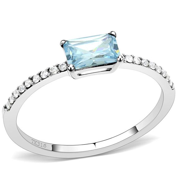Womans Silver Aquamarine Ring High polished (no plating) Stainless Steel Ring with AAA Grade CZ in Sea Blue DA011