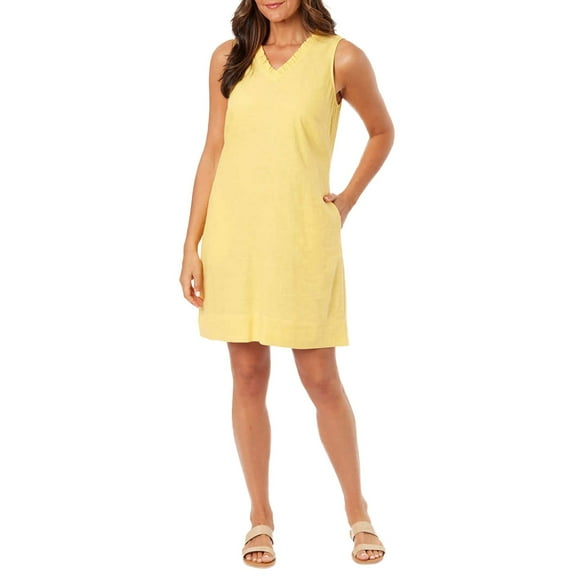 Briggs Women's Ruffle Trim V-Neck Linen Blend Side Pockets Mini Dress-Yellow / S