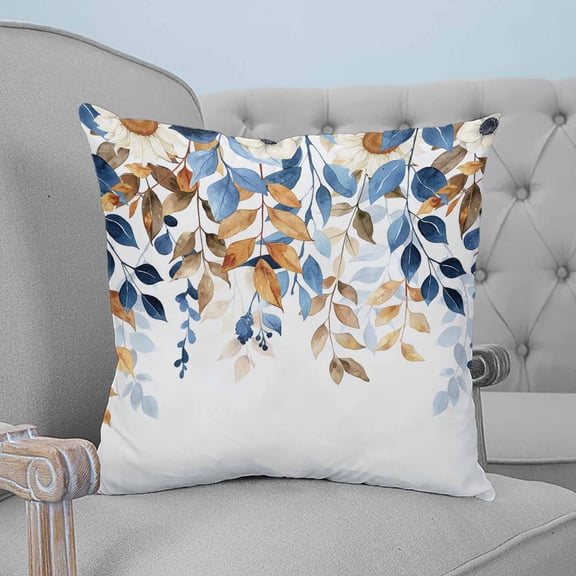 Orange Blue Botanical Throw Pillow Covers, Soft Pillowcases with Invisible Zipper, Weeping Fall Eucalyptus Leaves Decorative Square Pillow Cushion Covers for Living Room Couch Sofa Bed 18x18 Inches
