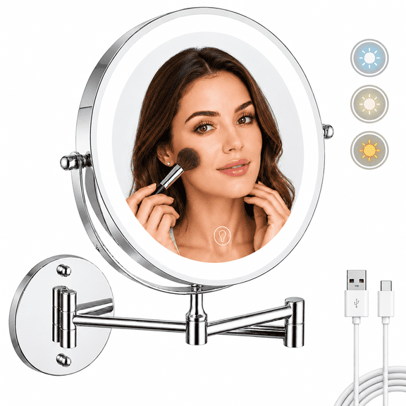 8" Wall Mounted Makeup Mirror with Lights, Rechargeable Double-Sided 1X/10X Magnifying Shaving Mirror, 3 Color Lights, Touch Dimmable, 360° Rotating Mirror with Extendable Folding Arm