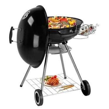 OverPatio Portable Charcoal Grill with Porcelain-Enameled Lid and Ash Catcher & Thermometer, Round Barbecue Kettle Grill Bowl Wheels for Outdoor Party Camping Picnic