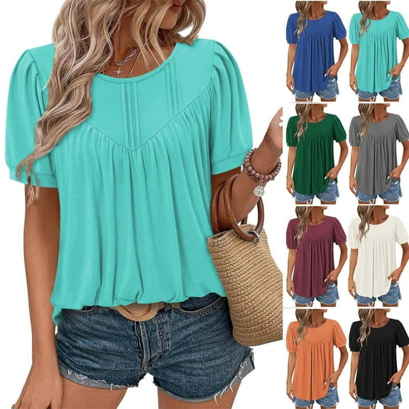 Olyvenn Womens Shirts Dressy Casual Summer Tops Puff Sleeve Work Blouses Pleated Front Trendy Tshirts Loose Fit Tunic Tops Black L